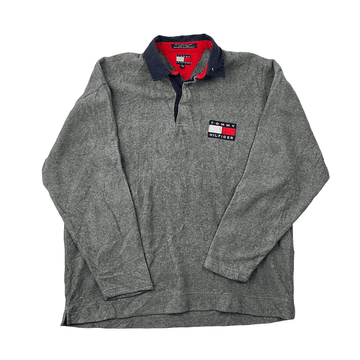Vintage 90s Grey Tommy Hilfiger Fleece Polo Shirt/ Sweatshirt - Medium (Recommended Size - Large) - The Streetwear Studio