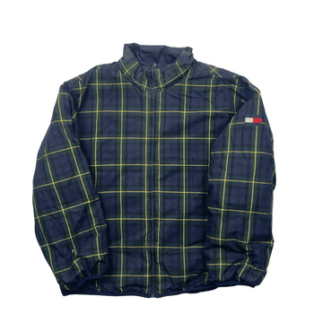 Vintage Navy Blue Reversible Tommy Hilfiger Spell-Out Puffer Coat/ Jacket - Extra Large - The Streetwear Studio