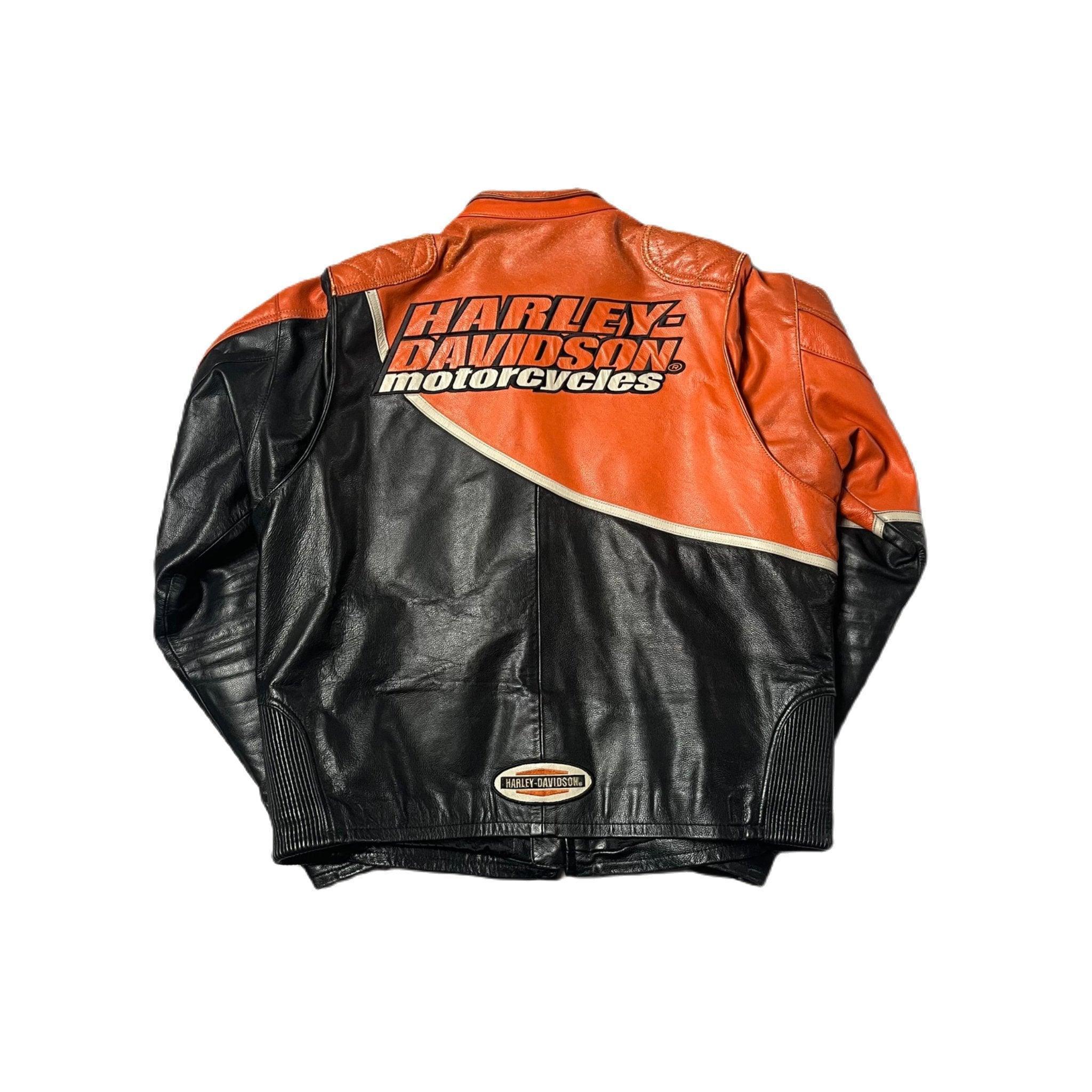 Vintage Black + Orange Harley Davidson Leather Jacket - XL
