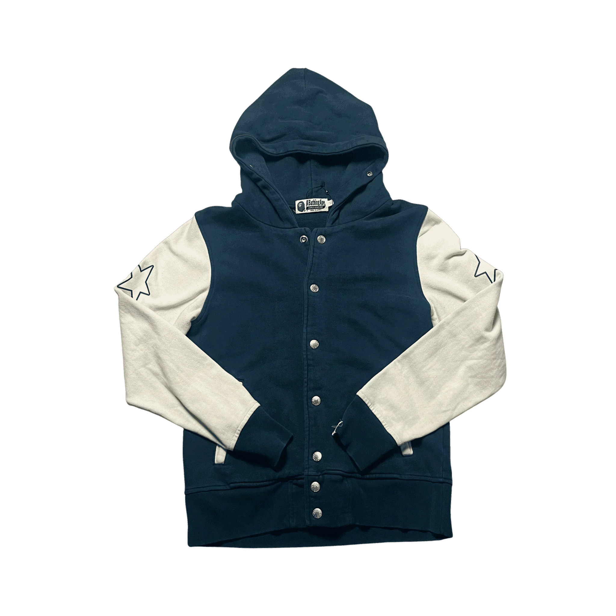 Navy Blue + White A Bathing Ape (BAPE) Button Up Hoodie - XS