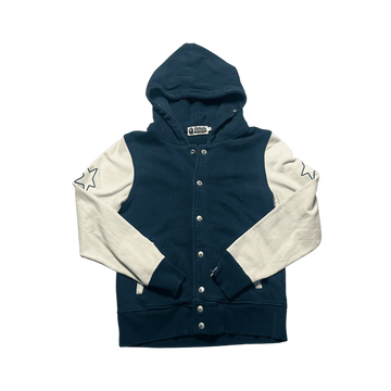 Navy Blue + White A Bathing Ape (BAPE) Button Up Hoodie - XS
