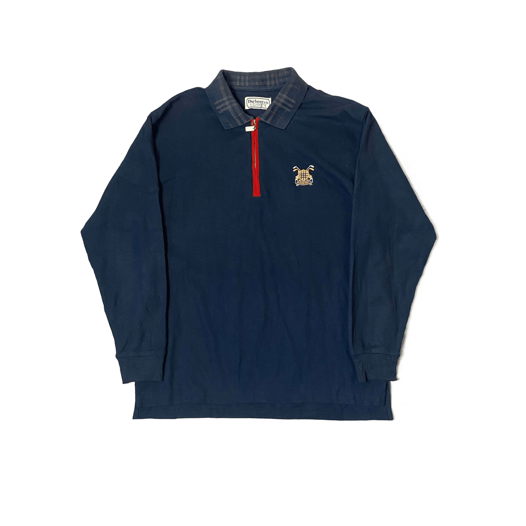 Vintage Navy Blue Burberry 1/4 Zip Long Sleeve Polo - L
