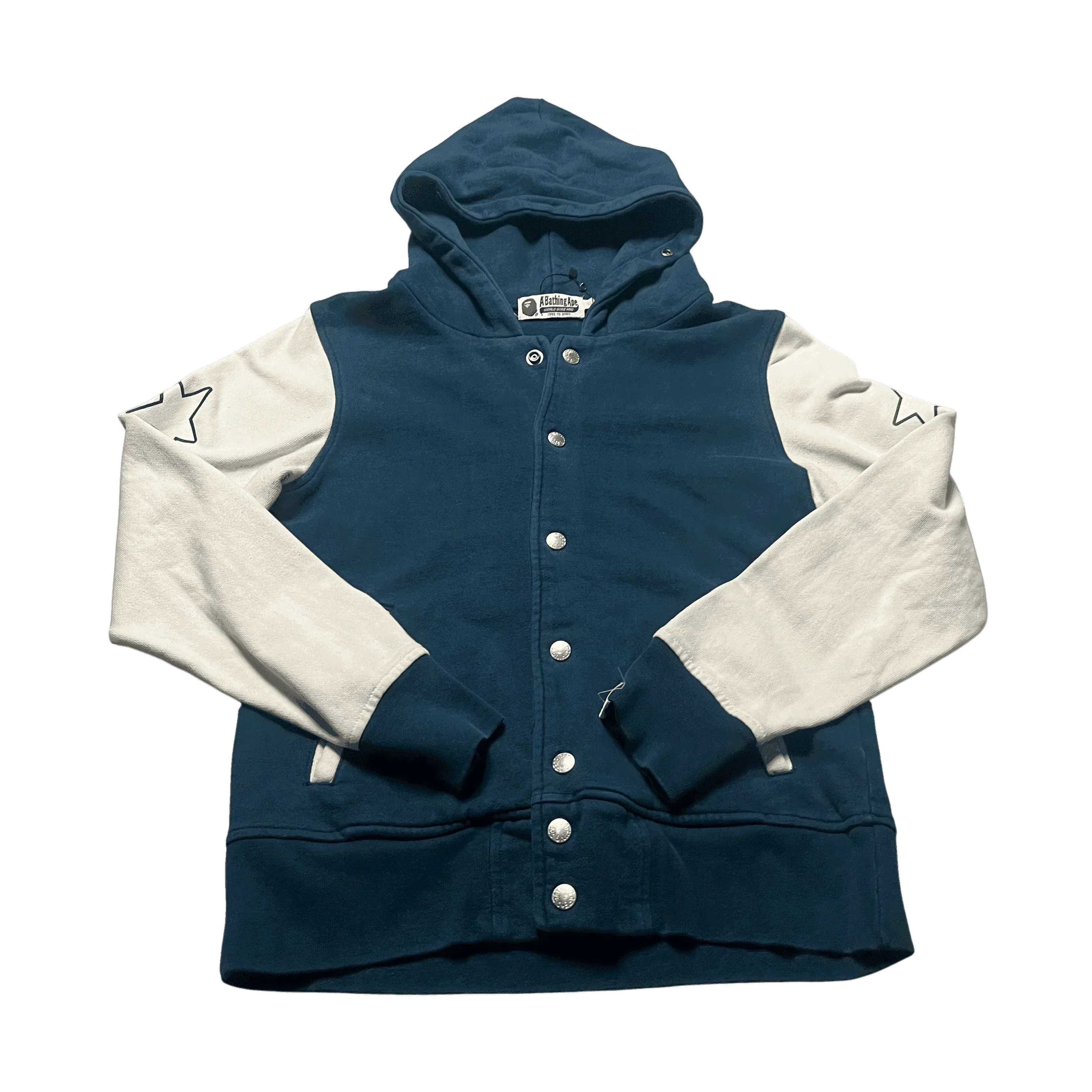 Navy Blue + White A Bathing Ape (BAPE) Button Up Hoodie - XS