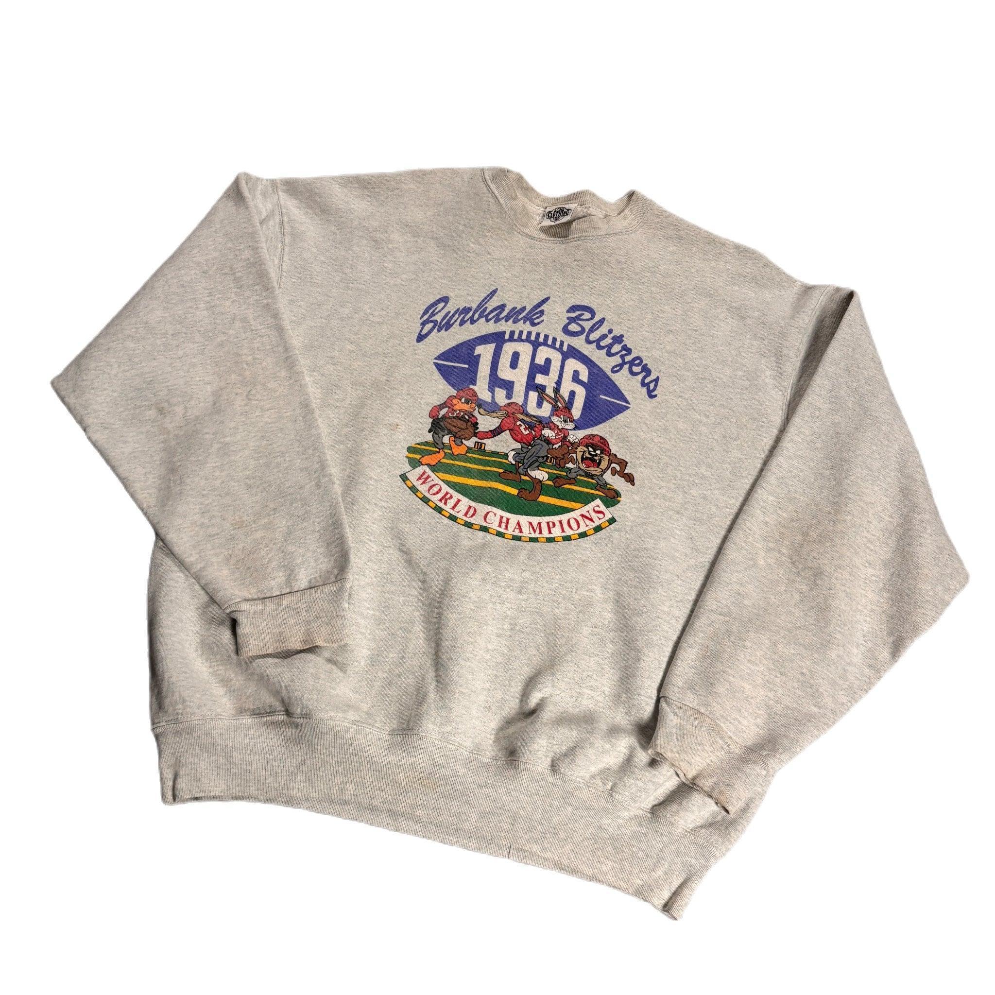 Vintage 90s Grey USA Looney Graphic Sweatshirt - XL (Recommended Size - L)