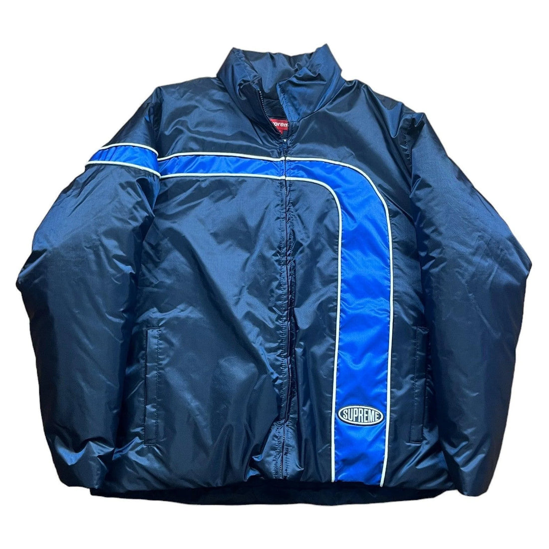 Blue Supreme Stripe Puffer Coat - M | The Streetwear Studio