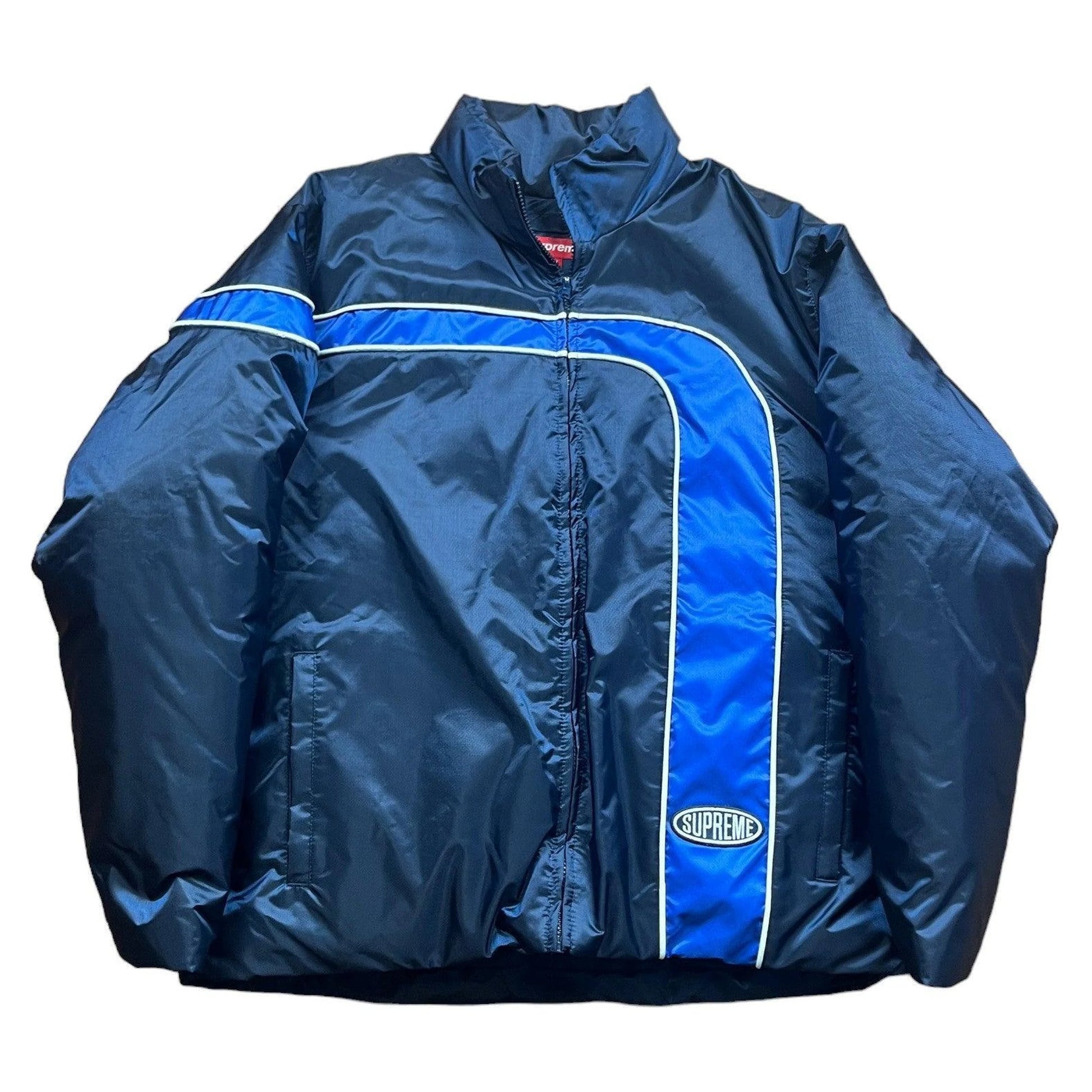 Blue Supreme Stripe Puffer Coat - M | The Streetwear Studio