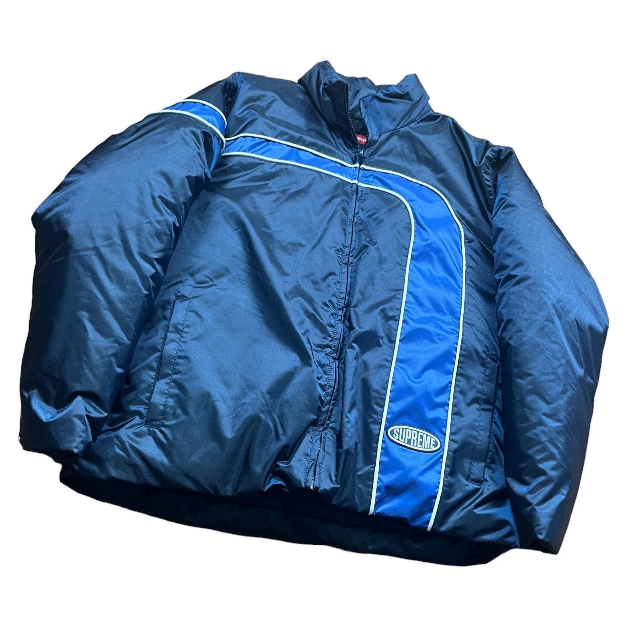 Blue Supreme Stripe Puffer Coat - M | The Streetwear Studio