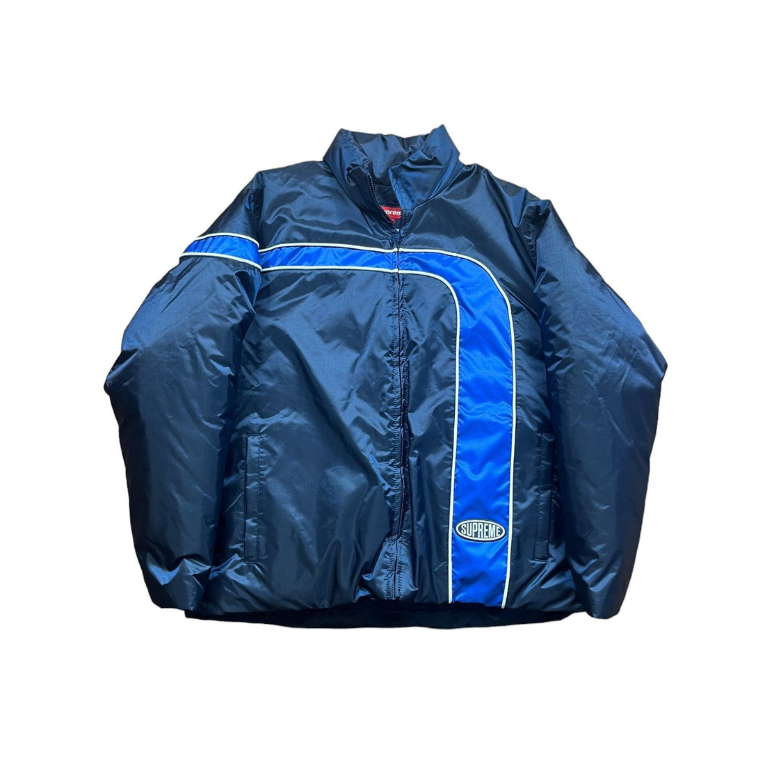 Blue Supreme Stripe Puffer Coat - Medium - The Streetwear Studio