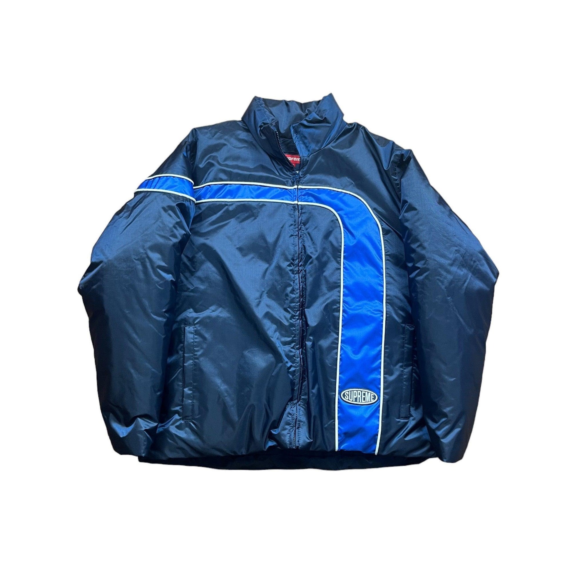Blue Supreme Stripe Puffer Coat - Medium - The Streetwear Studio
