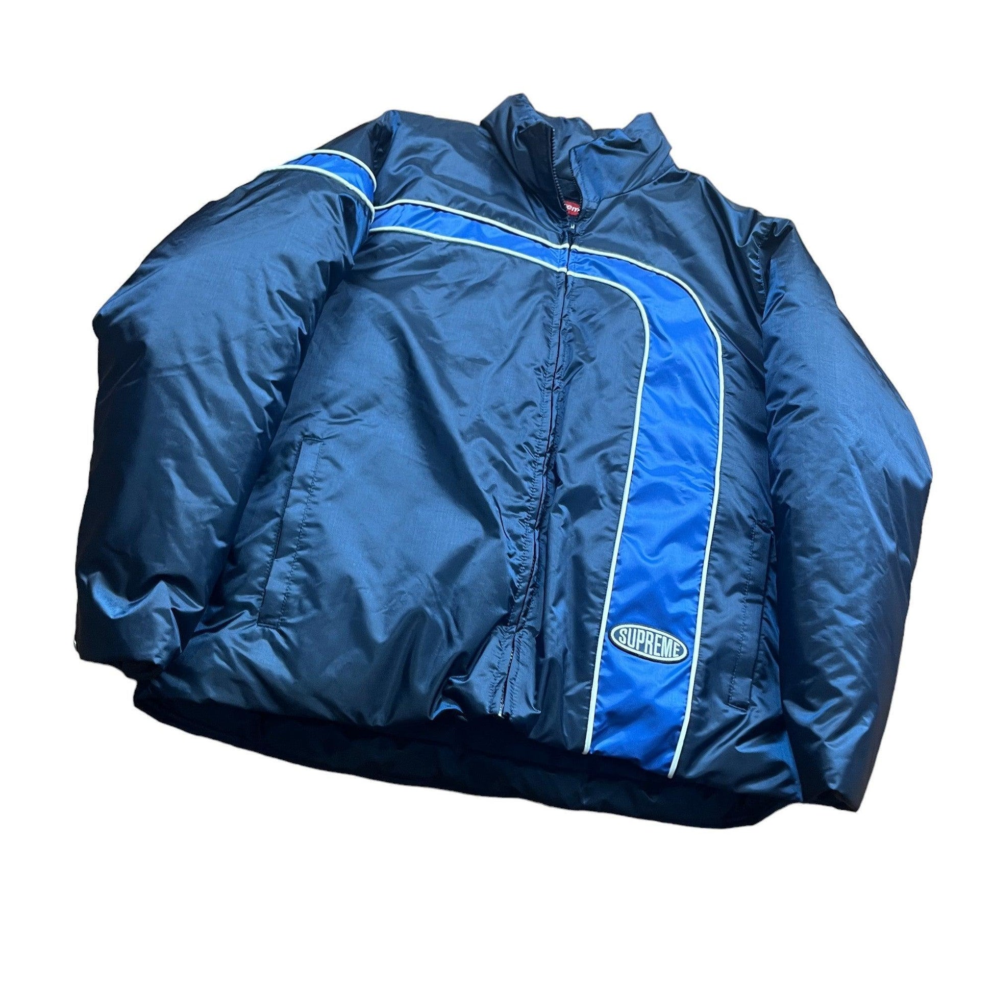 Blue Supreme Stripe Puffer Coat - Medium - The Streetwear Studio