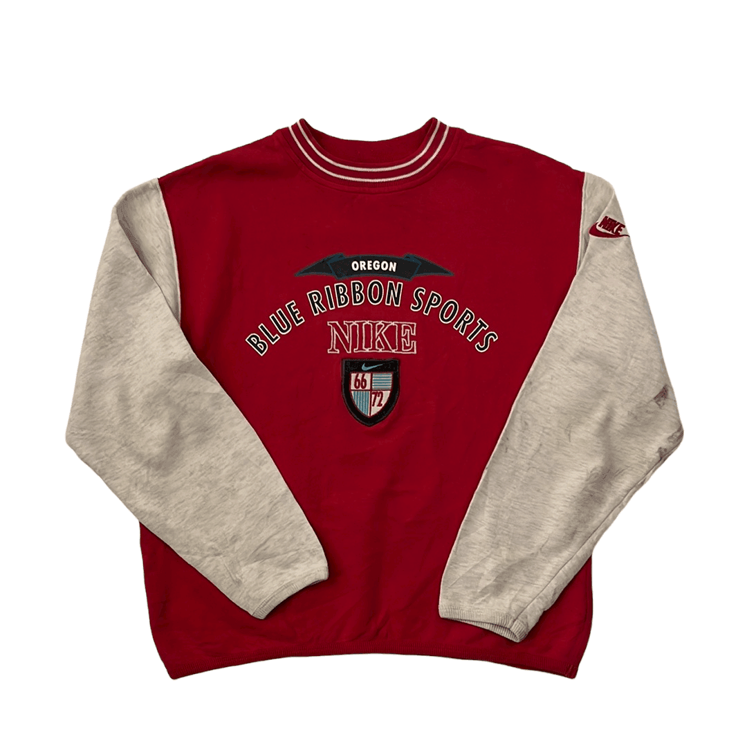 Vintage 80s Women's Red + Grey Nike Blue Ribbon Sports Spell-Out Sweatshirt - Small - The Streetwear Studio