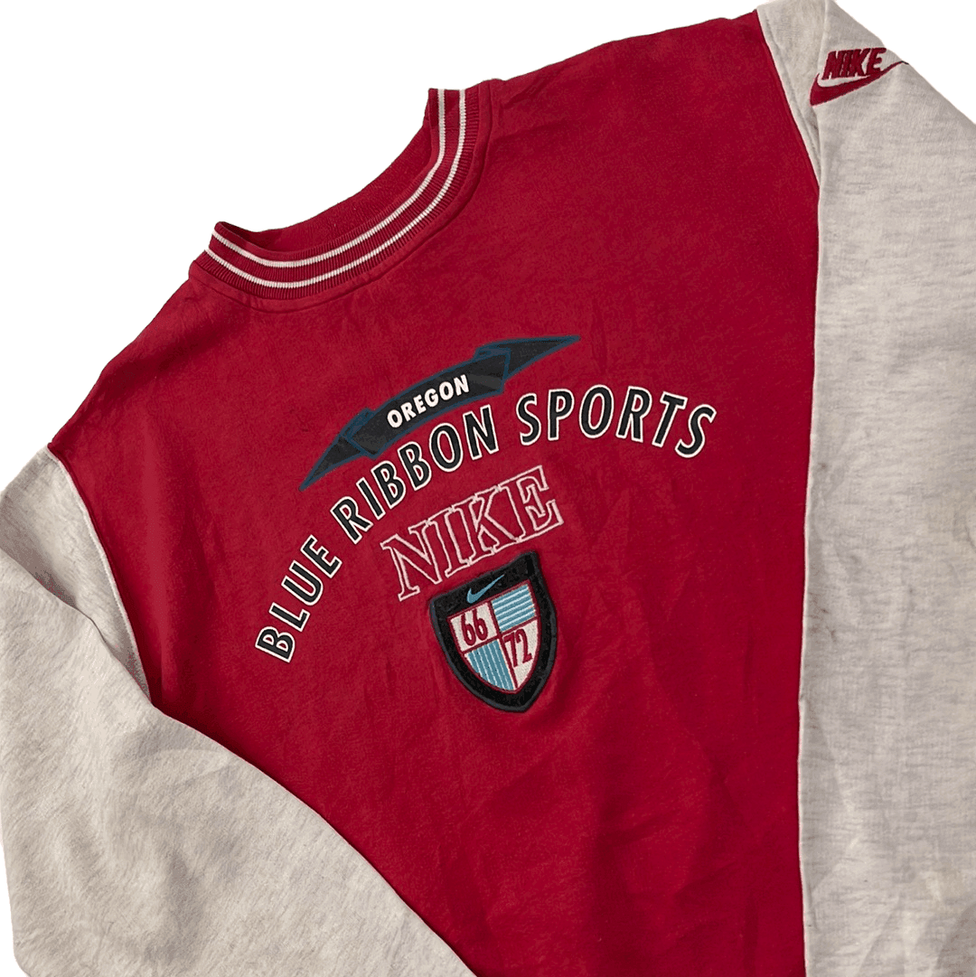 Vintage 80s Women's Red + Grey Nike Blue Ribbon Sports Spell-Out Sweatshirt - Small - The Streetwear Studio