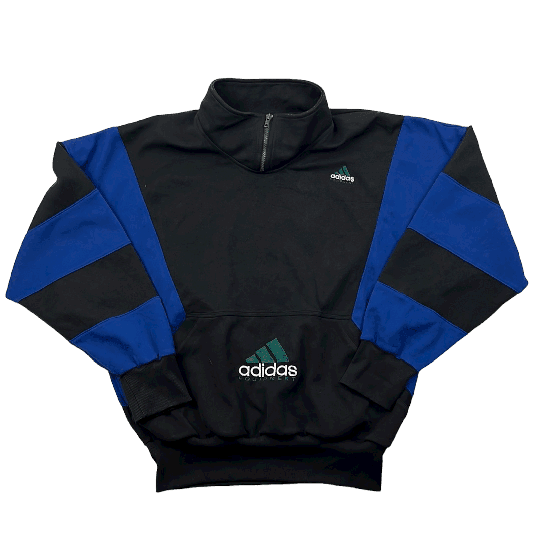 Vintage 90s Black + Blue Adidas Equipment Quarter Zip Sweatshirt - Extra Large - The Streetwear Studio