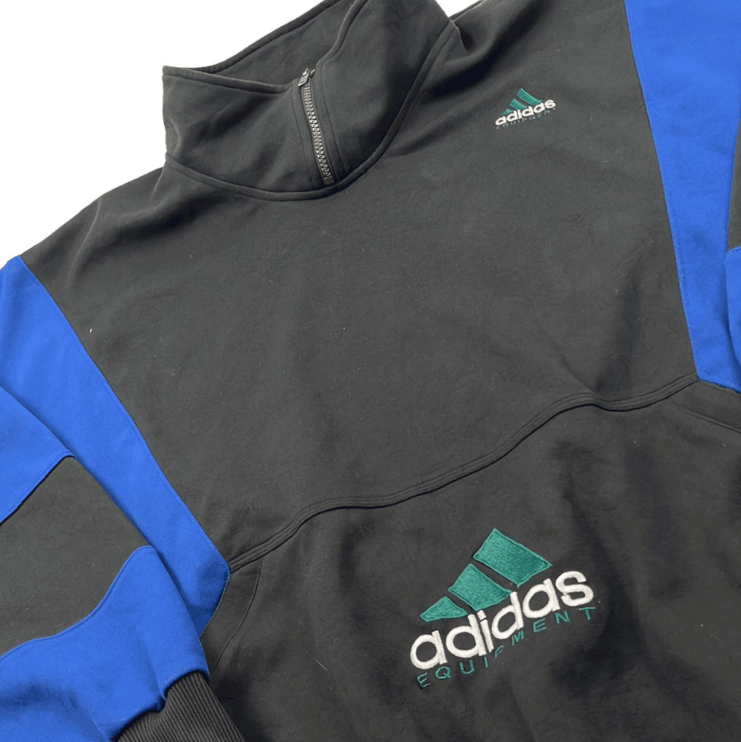 Vintage 90s Black + Blue Adidas Equipment Quarter Zip Sweatshirt - Extra Large - The Streetwear Studio