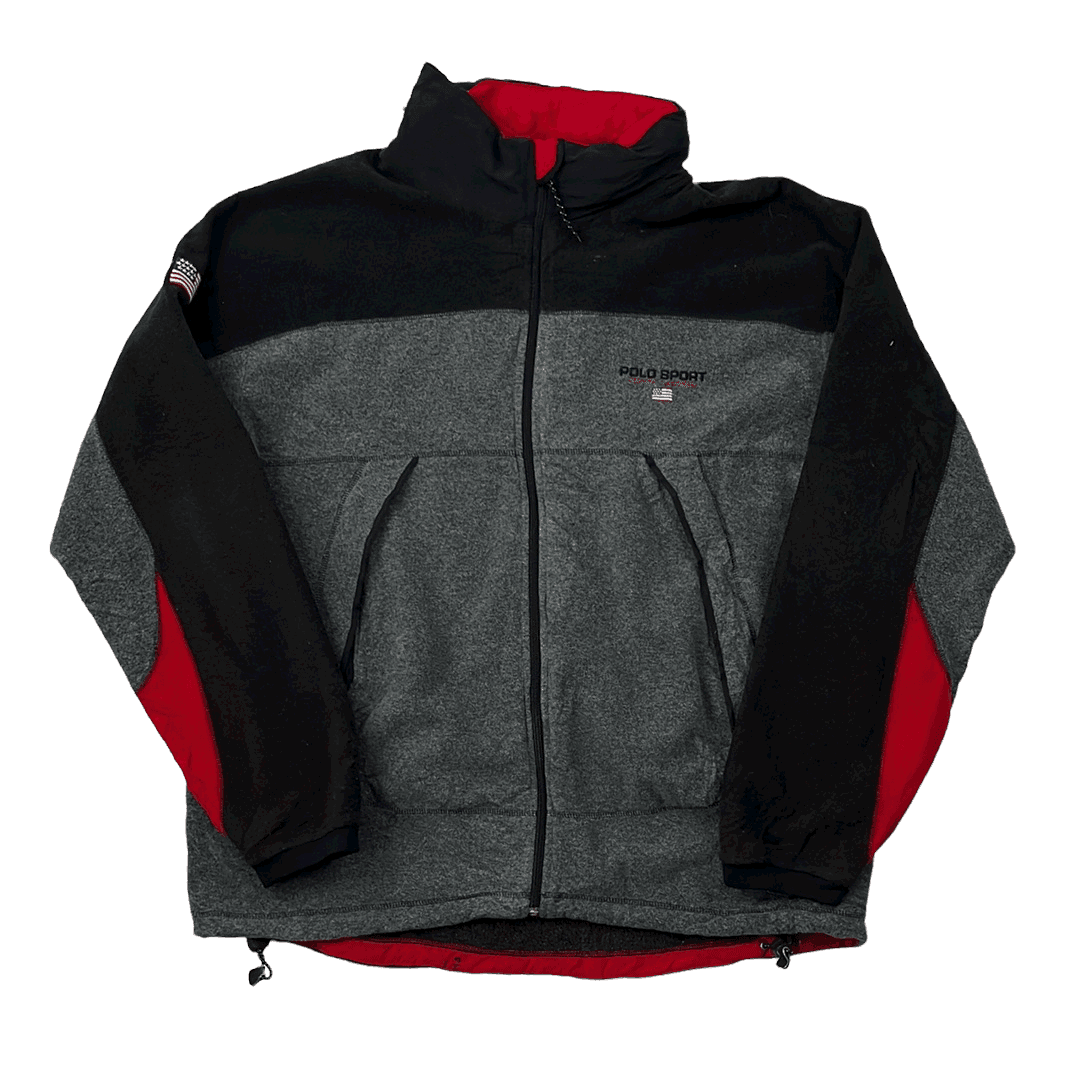 Vintage 90s Black + Grey Ralph Lauren Polo Sport Full Zip Fleece Jacket - Extra Large - The Streetwear Studio