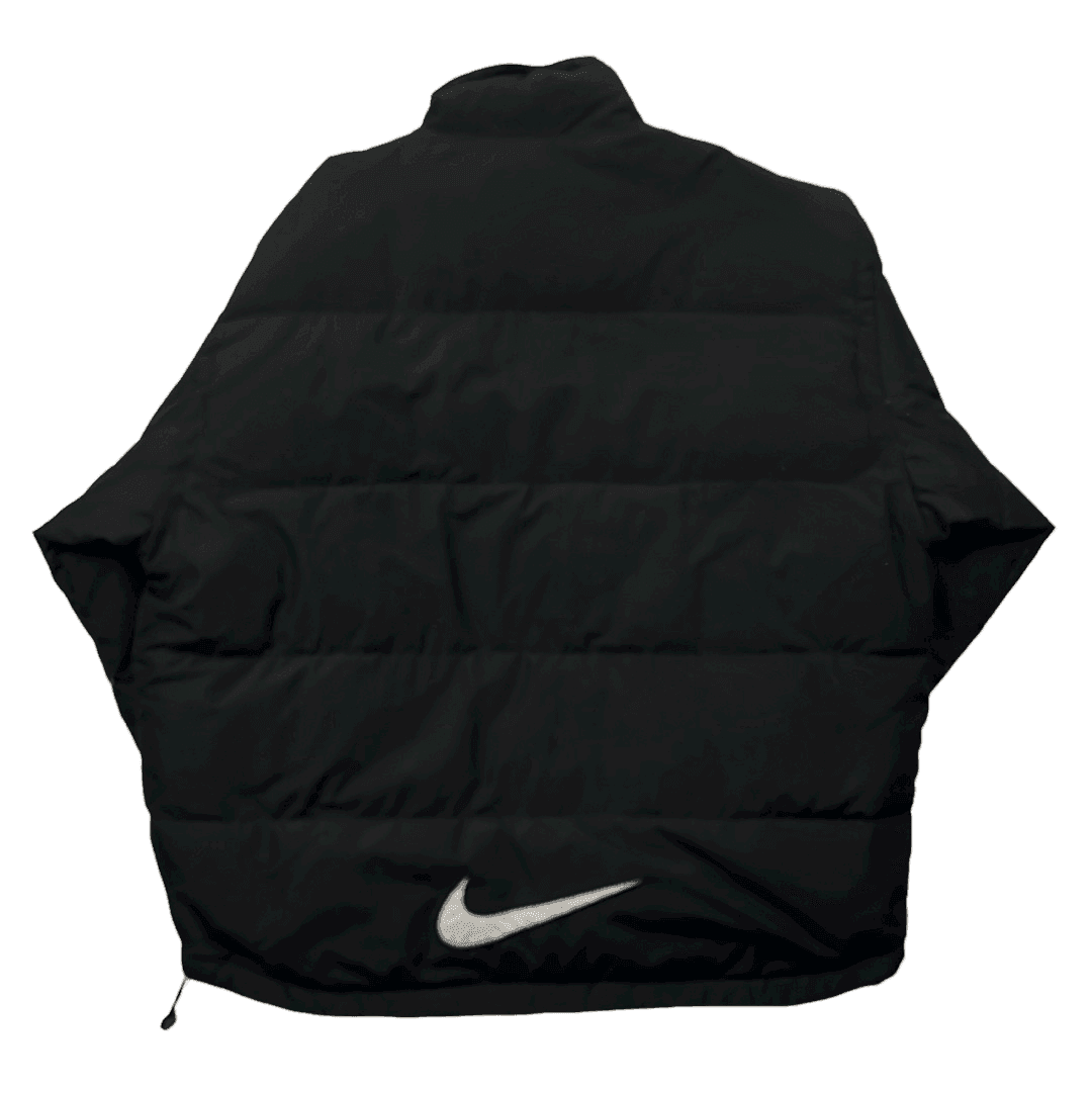 Vintage 90s Black Nike Large Logo Puffer Coat/ Jacket - Extra Large - The Streetwear Studio