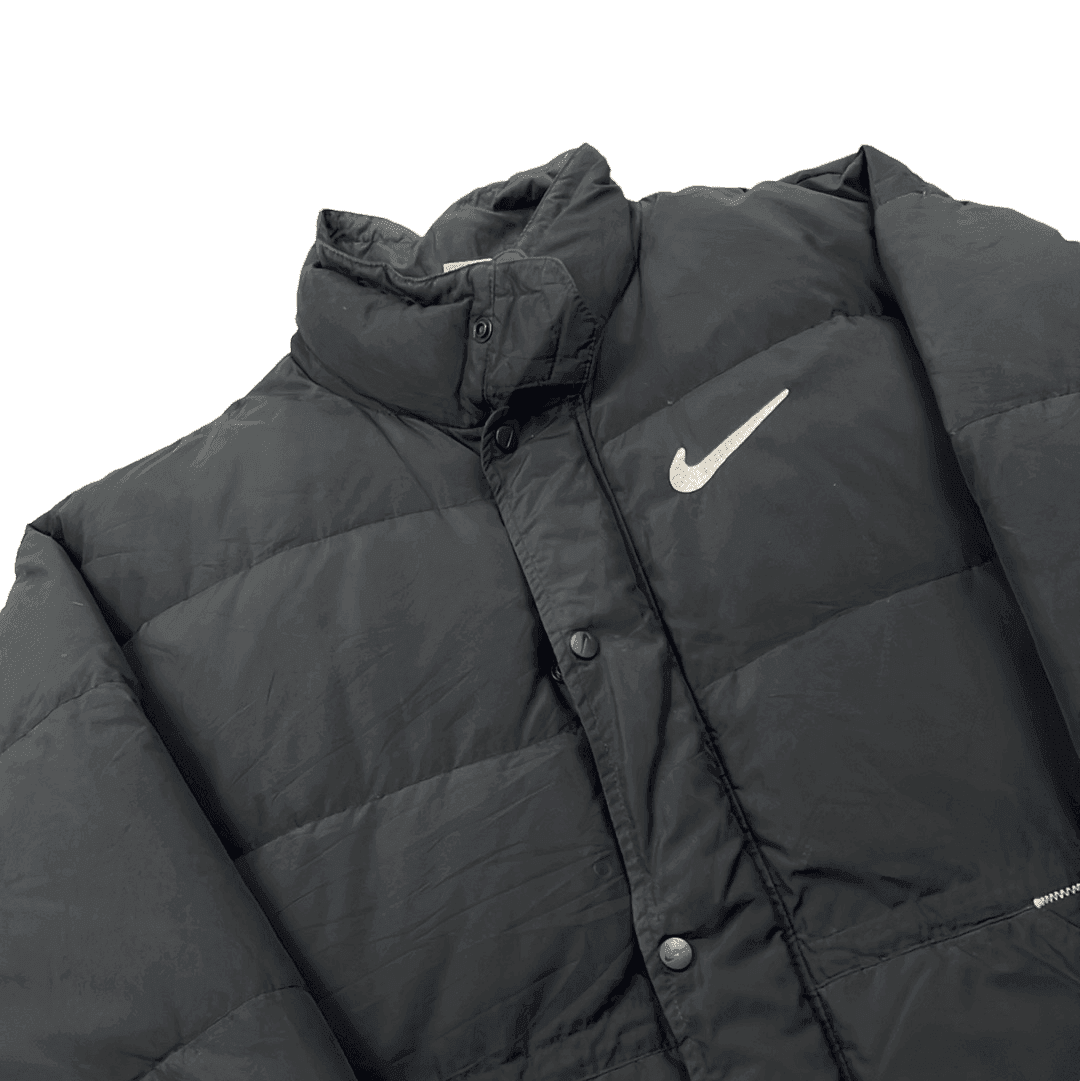 Vintage 90s Black Nike Large Logo Puffer Coat/ Jacket - Extra Large - The Streetwear Studio