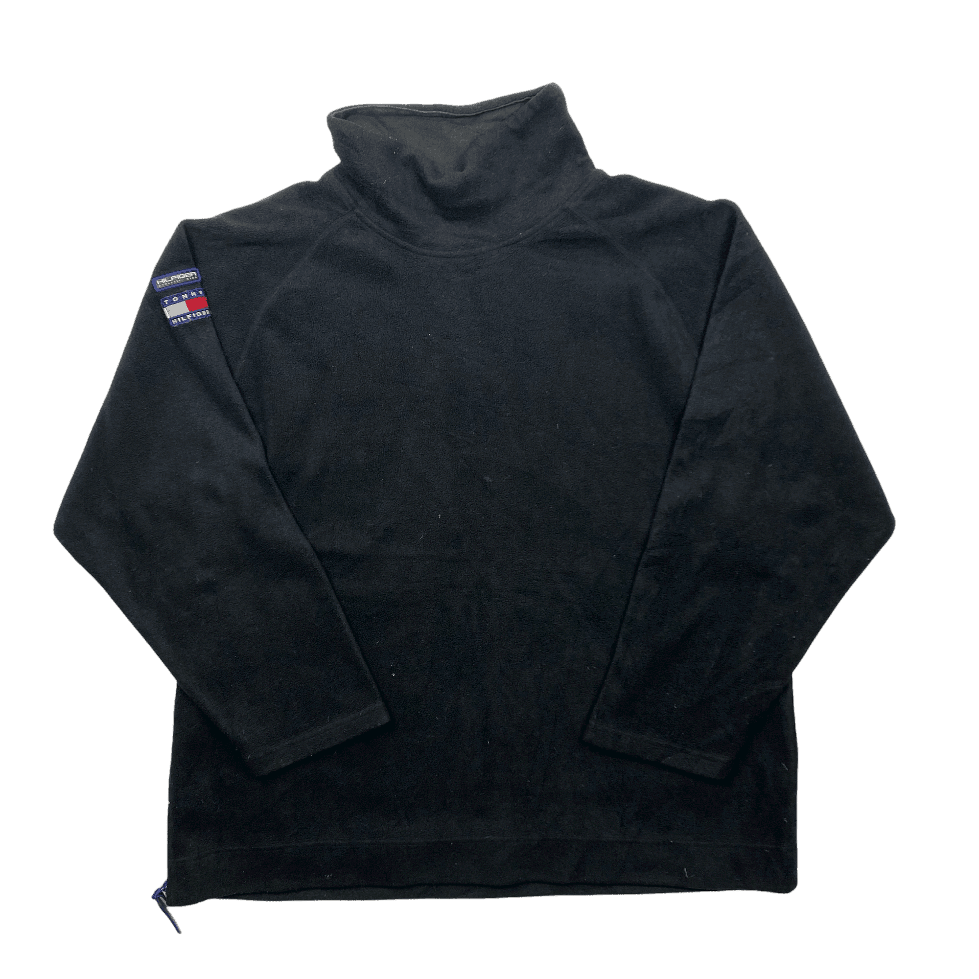 Vintage 90s Black Tommy Hilfiger Spell-Out Fleece Sweatshirt - Large (Recommended Size - Extra Large) - The Streetwear Studio