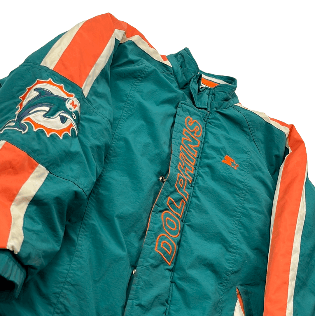 Vintage 90s Blue, Orange + White Starter Miami Dolphins NFL Spell-Out Coat/ Jacket - Medium - The Streetwear Studio