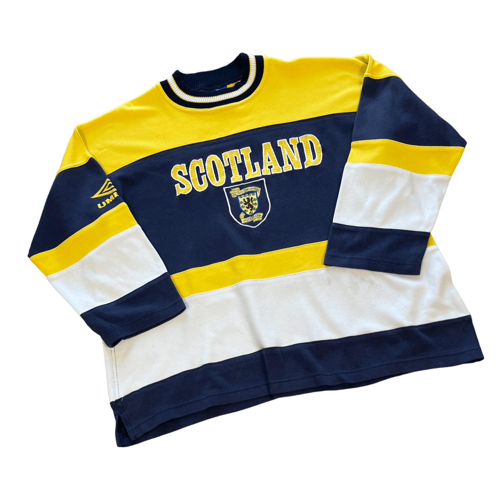 Vintage 90s Blue, Yellow + White Umbro Scotland Football Sweatshirt - Medium - The Streetwear Studio