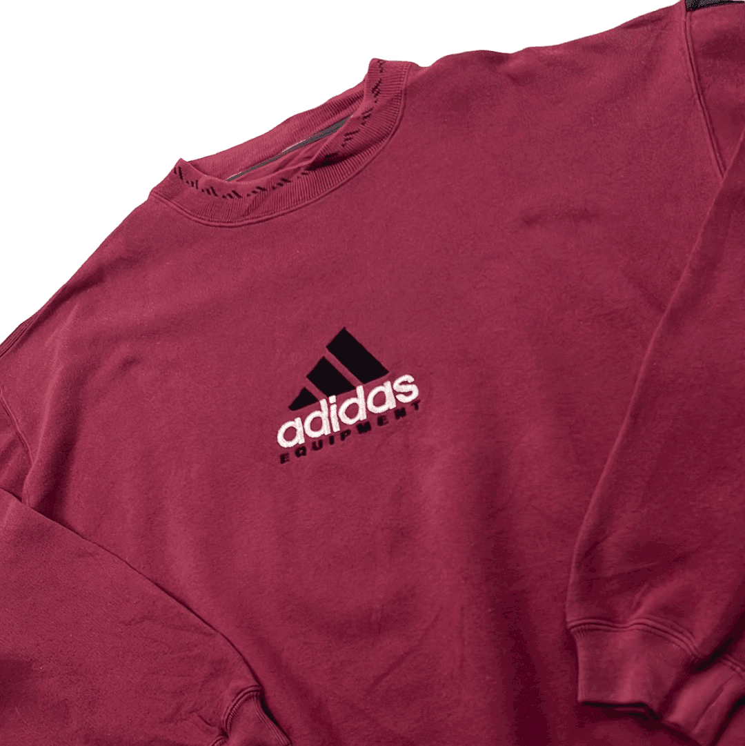 Vintage 90s Burgundy Adidas Equipment Spell-Out Sweatshirt - Large - The Streetwear Studio