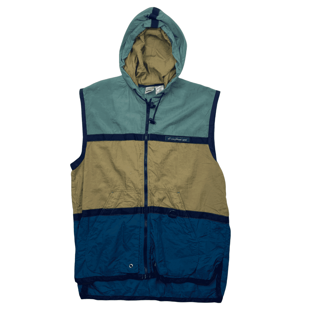 Vintage 90s Green, Beige + Blue Nike ACG Spell-Out Waterproof Gilet/ Vest - Extra Large - The Streetwear Studio