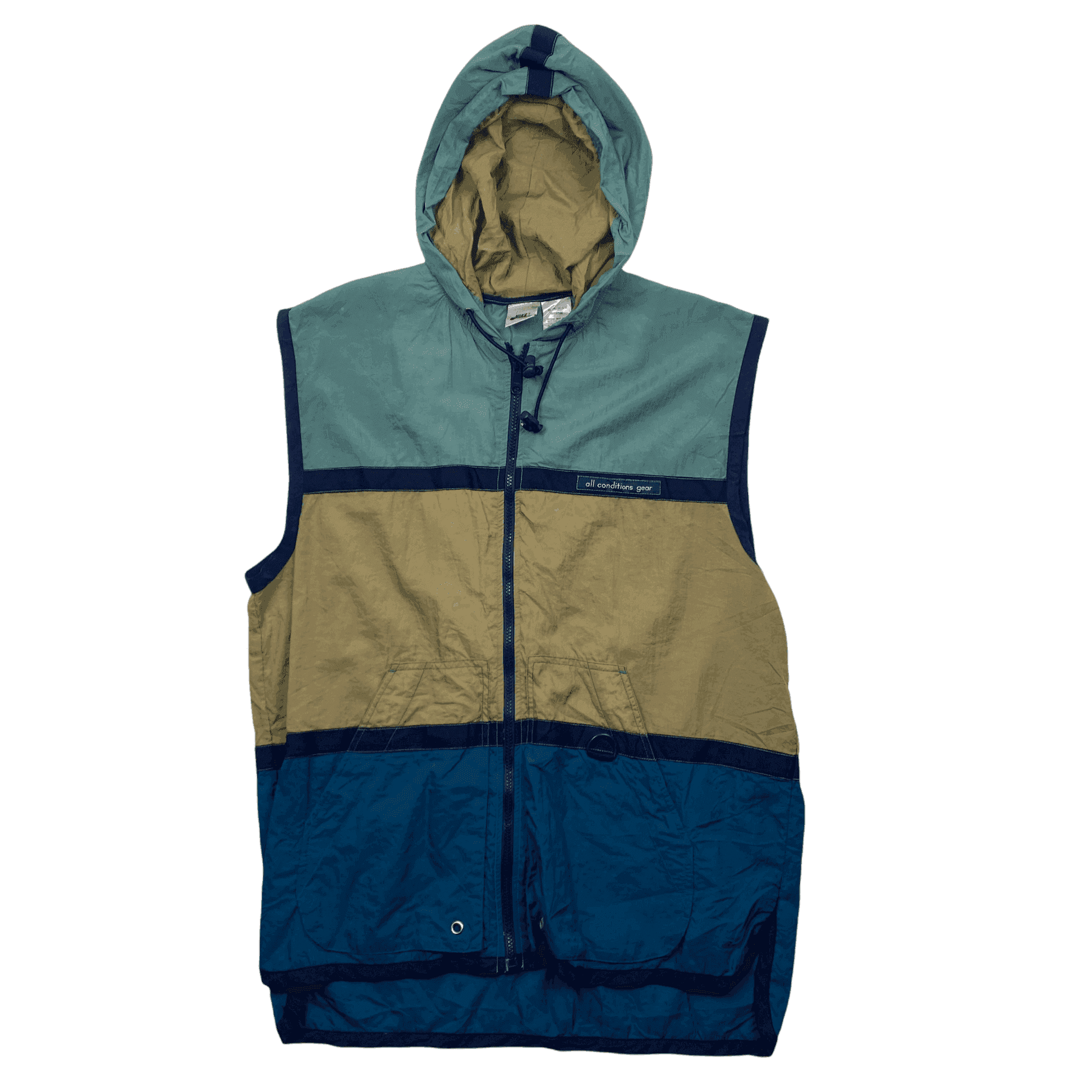 Vintage 90s Green, Beige + Blue Nike ACG Spell-Out Waterproof Gilet/ Vest - Extra Large - The Streetwear Studio