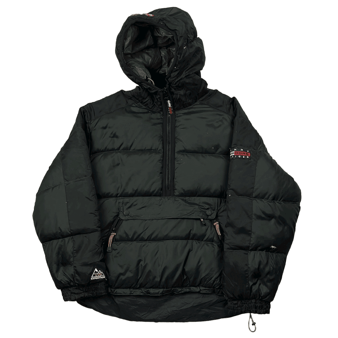 Vintage 90s Green + Black Tommy Hilfiger Outdoors Quarter Zip Puffer Coat/ Jacket - Large - The Streetwear Studio