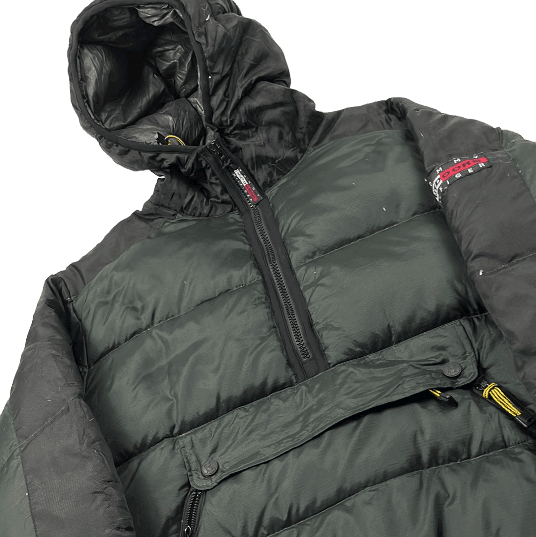Vintage 90s Green + Black Tommy Hilfiger Outdoors Quarter Zip Puffer Coat/ Jacket - Large - The Streetwear Studio