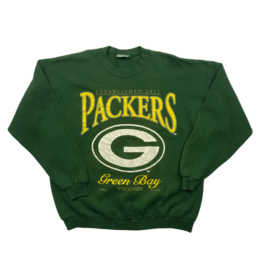 Vintage 90s Green Lee Sport Nutmeg Green Bay Packers NFL Spell-Out Sweatshirt - Extra Large - The Streetwear Studio