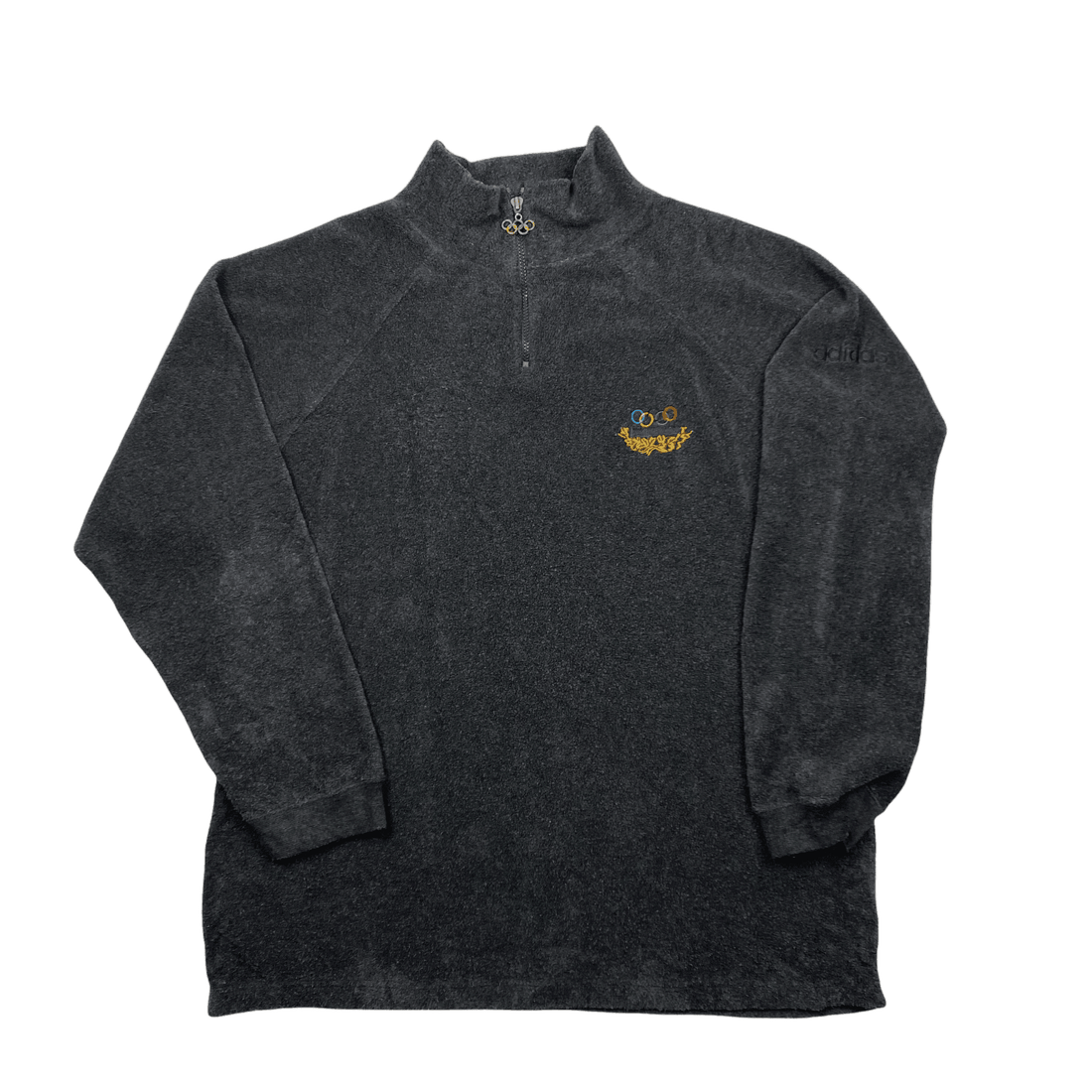Vintage 90s Grey Adidas Olympic Collection Spell-Out Quarter Zip Fleece - Large (Recommended Size - Extra Large) - The Streetwear Studio