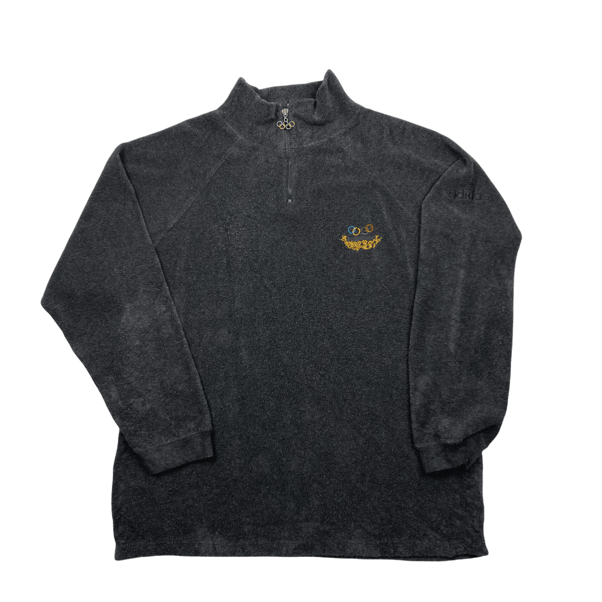 Vintage 90s Grey Adidas Olympic Collection Spell-Out Quarter Zip Fleece - Large (Recommended Size - Extra Large) - The Streetwear Studio