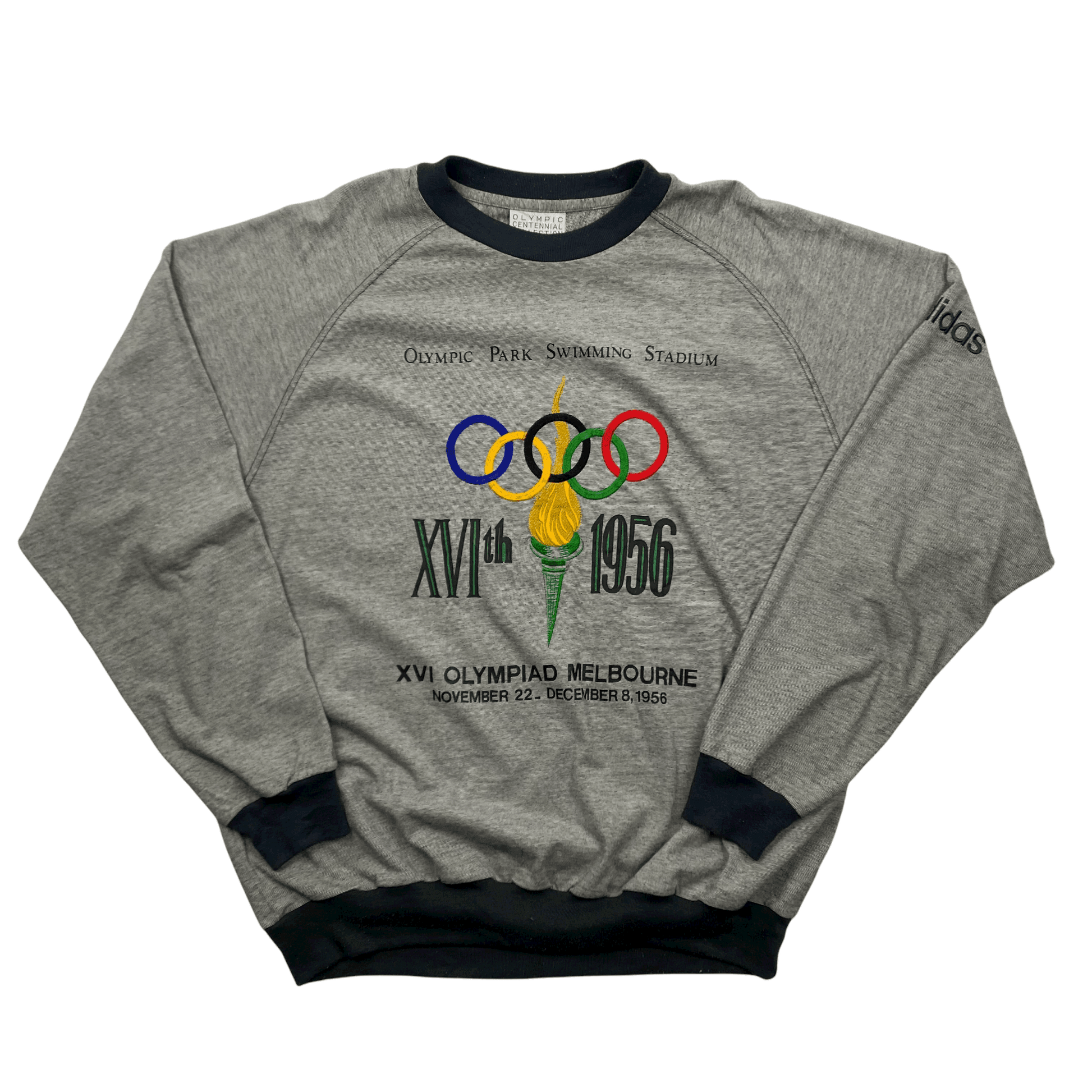 Vintage 90s Grey + Black Adidas Olympics Spell-Out Sweatshirt - Extra Large - The Streetwear Studio
