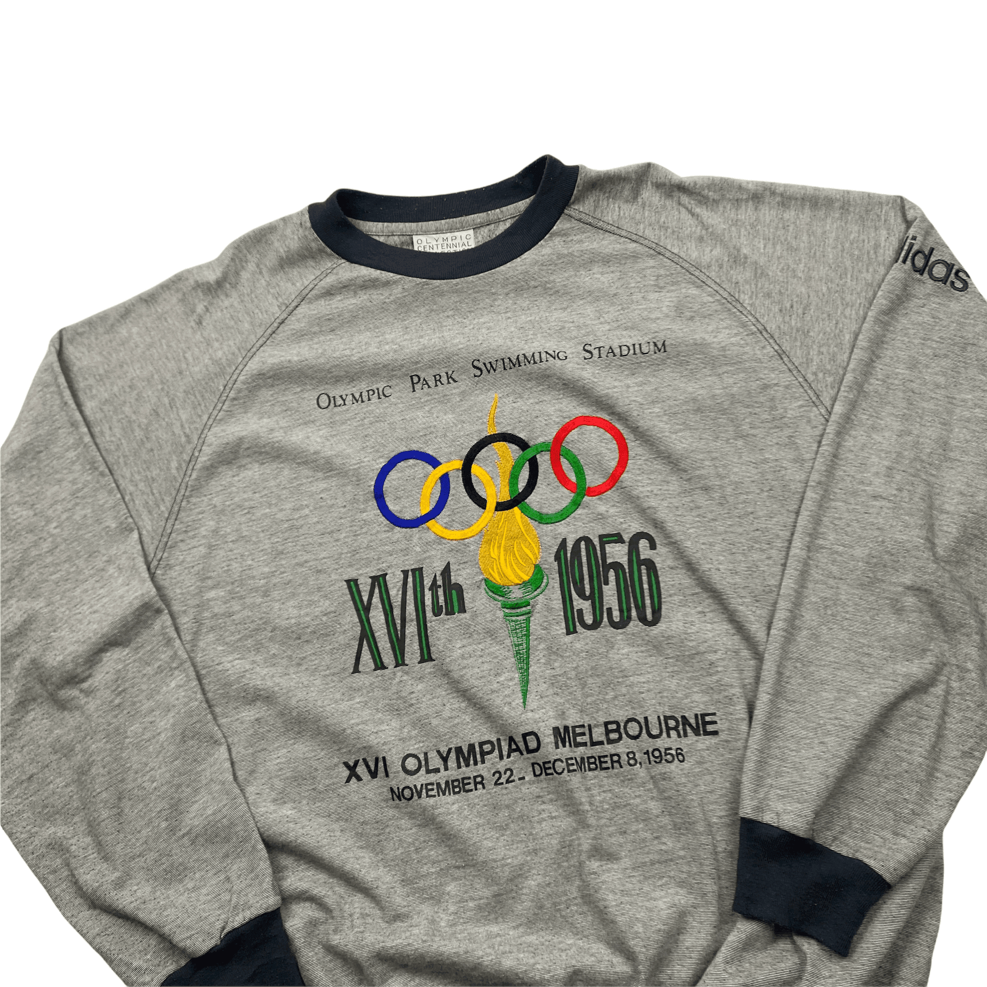 Vintage 90s Grey + Black Adidas Olympics Spell-Out Sweatshirt - Extra Large - The Streetwear Studio