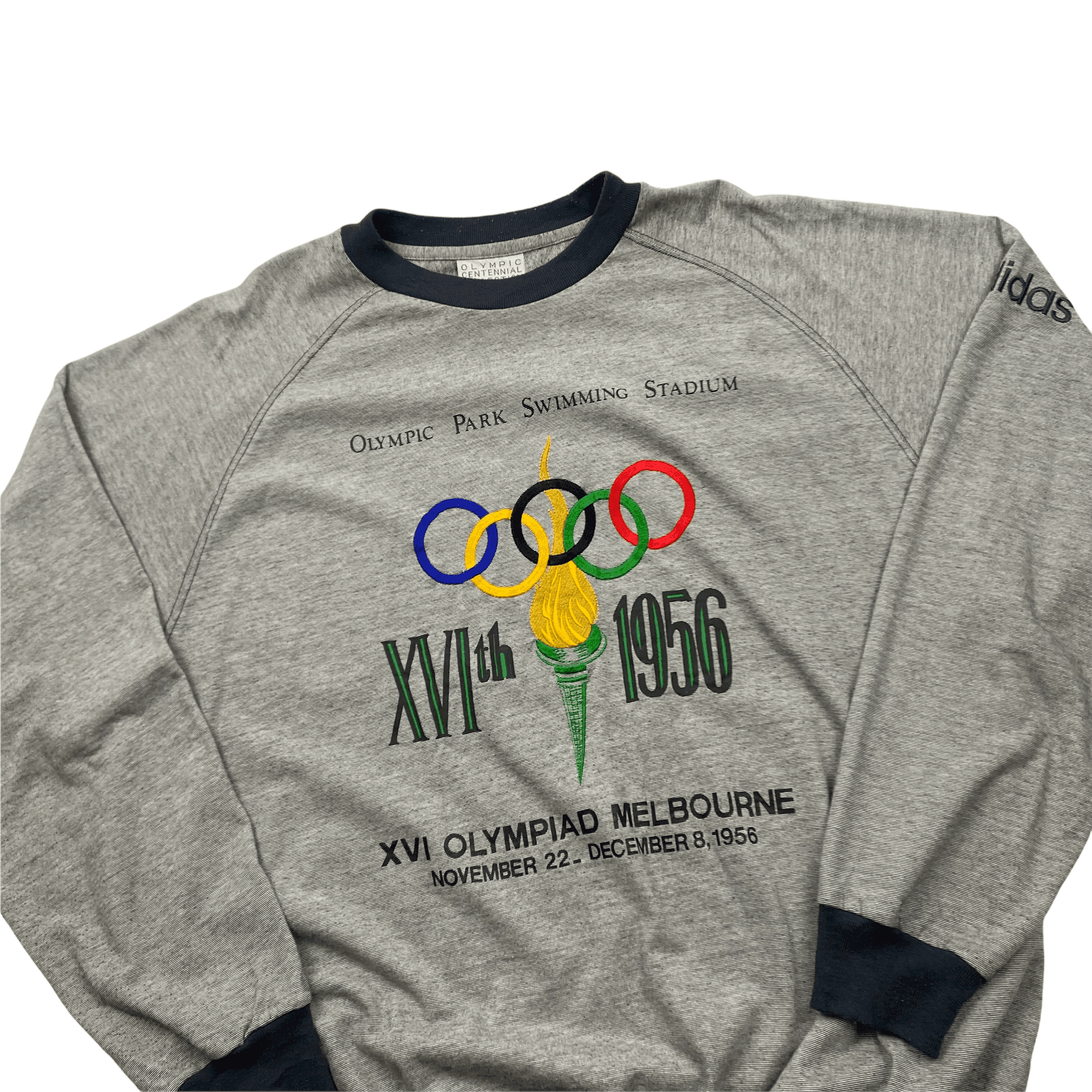 Vintage 90s Grey + Black Adidas Olympics Spell-Out Sweatshirt - Extra Large - The Streetwear Studio