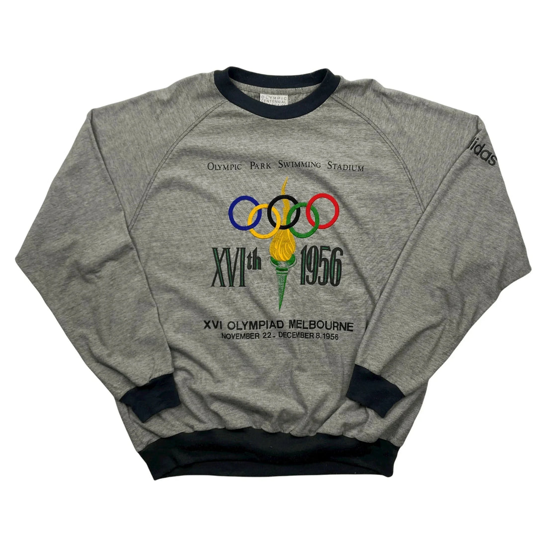 Vintage 90s Grey + Black Adidas Olympics Spell-Out Sweatshirt - XL | The Streetwear Studio