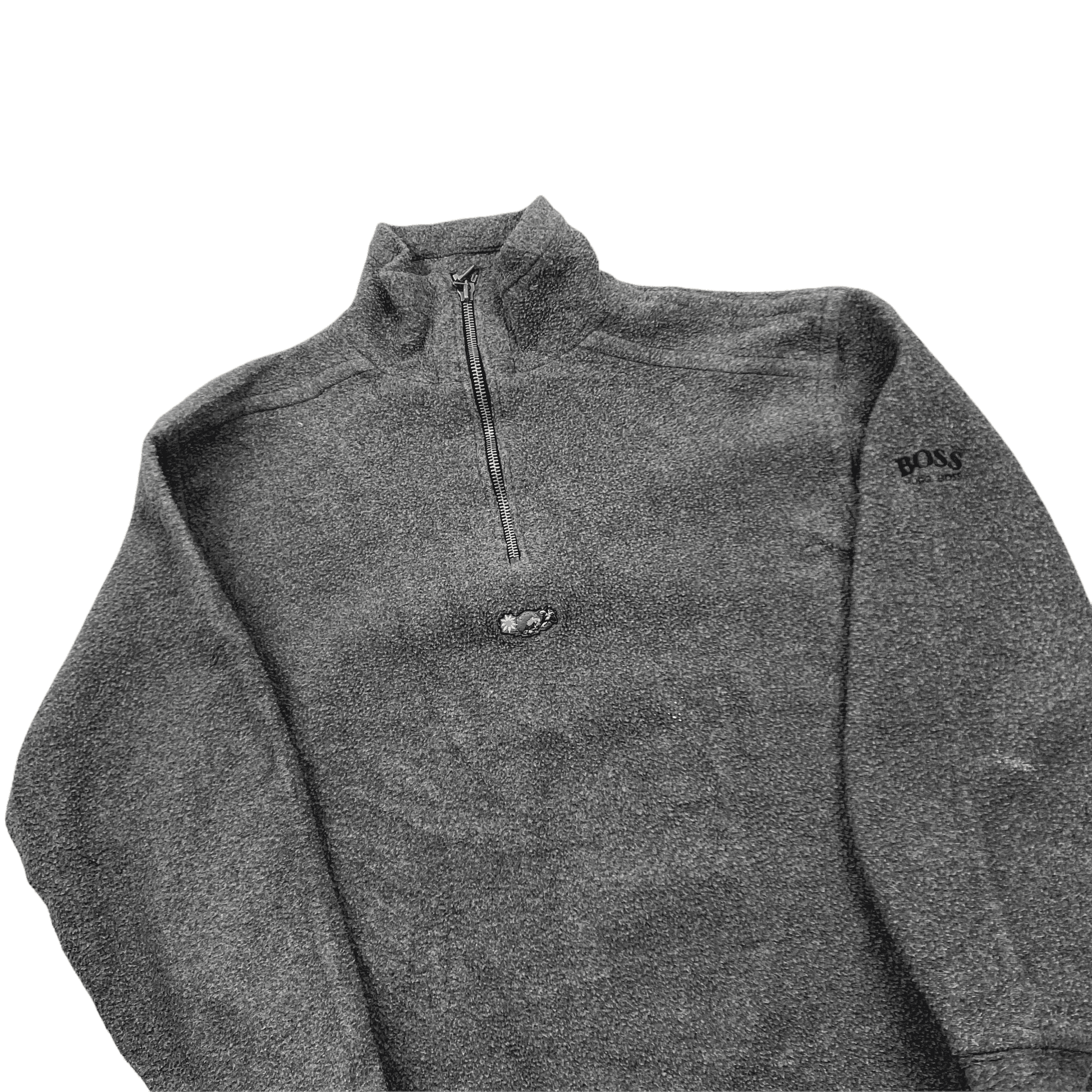 Vintage 90s Grey Hugo Boss Spell-Out Quarter Zip Fleece - Large - The Streetwear Studio