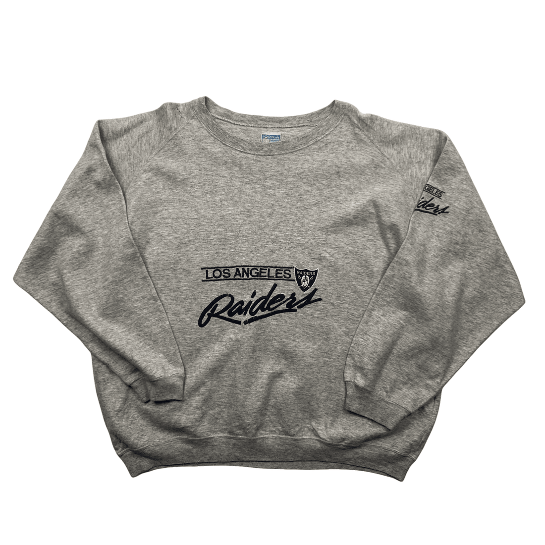 Vintage 90s Grey NFL Los Angeles Raiders Spell-Out Sweatshirt - Medium - The Streetwear Studio