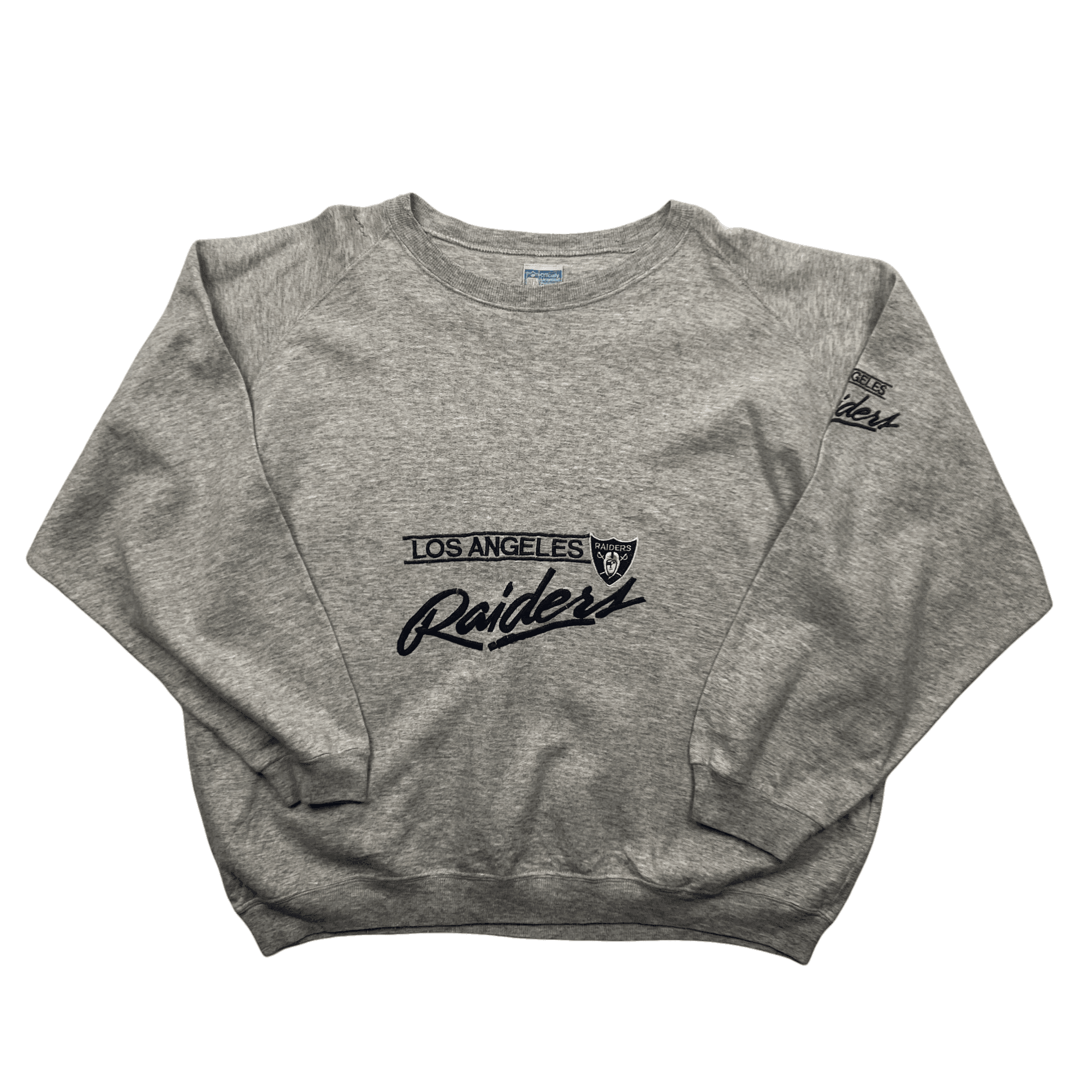 Vintage 90s Grey NFL Los Angeles Raiders Spell-Out Sweatshirt - Medium - The Streetwear Studio