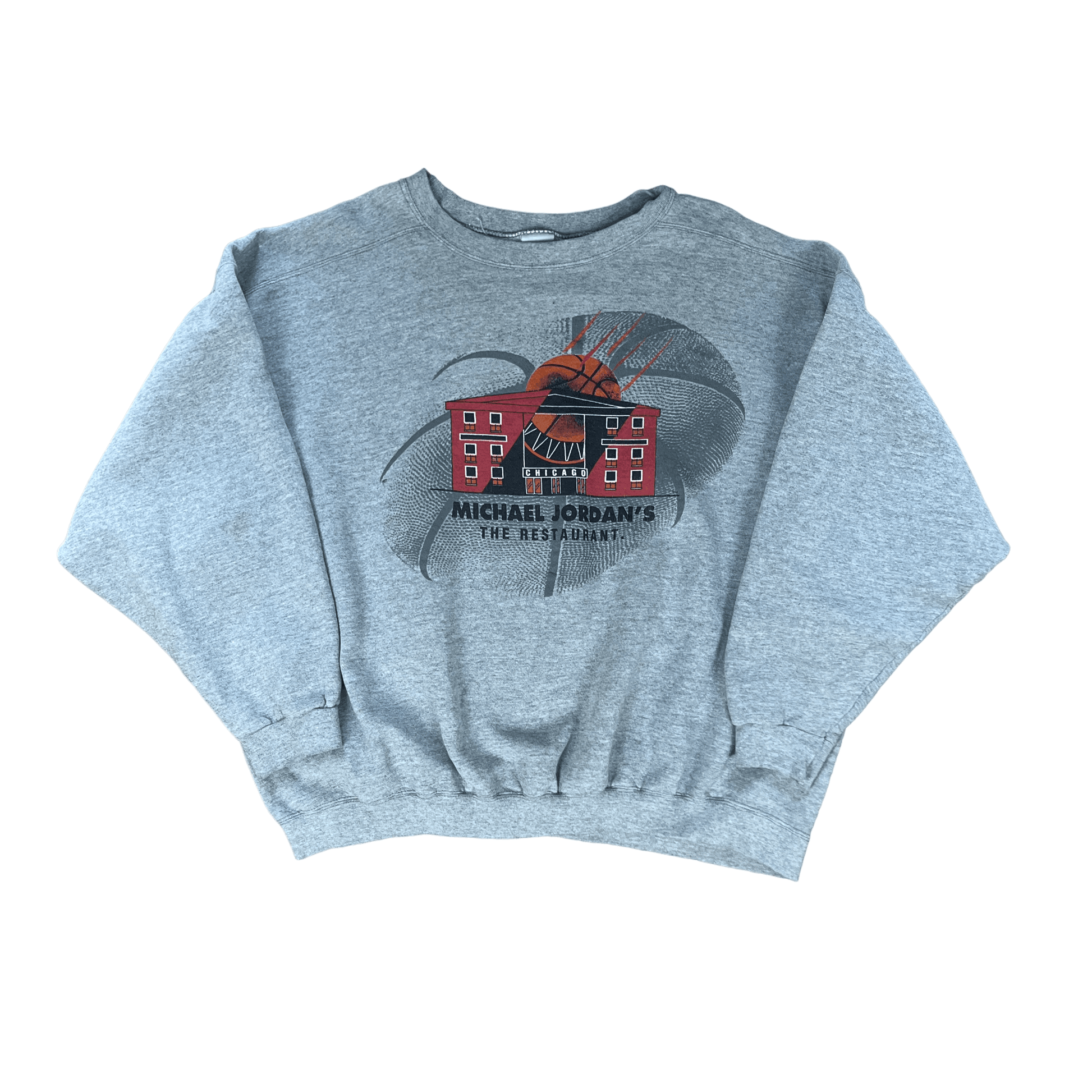 Vintage 90s Grey Nike Micheal Jordan’s The Restaurant Spell-Out Sweatshirt - Extra Large - The Streetwear Studio