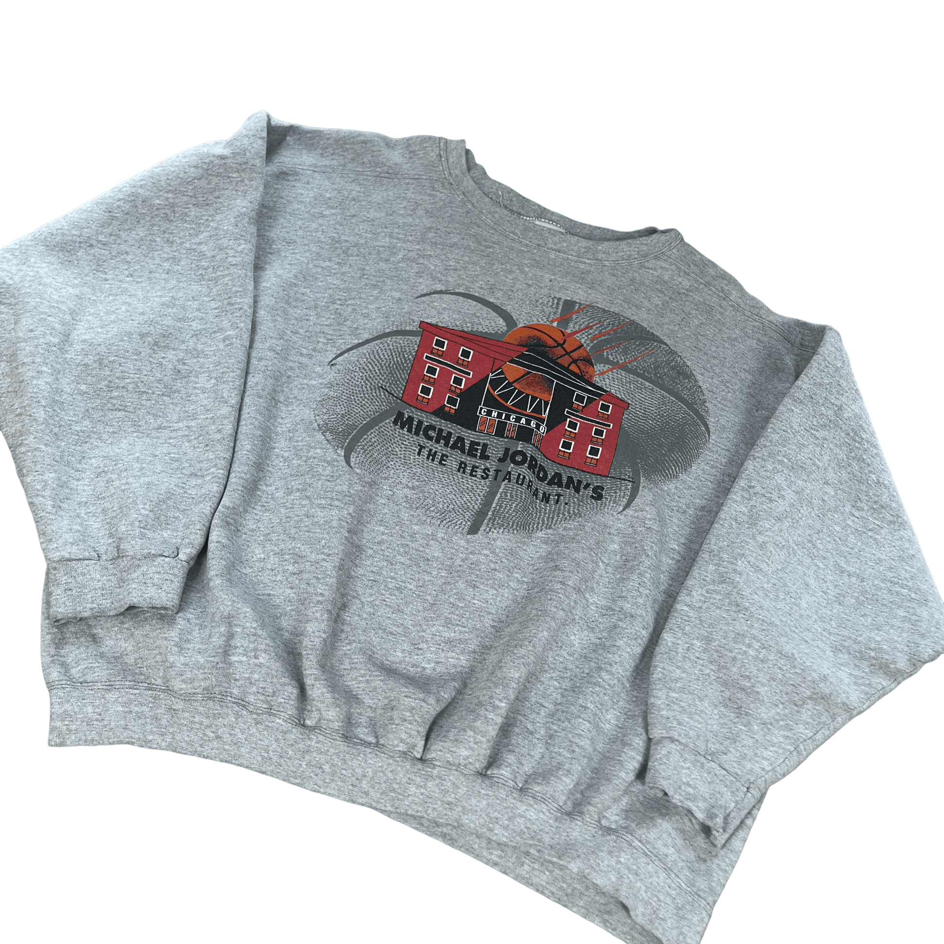 Vintage 90s Grey Nike Micheal Jordan’s The Restaurant Spell-Out Sweatshirt - Extra Large - The Streetwear Studio