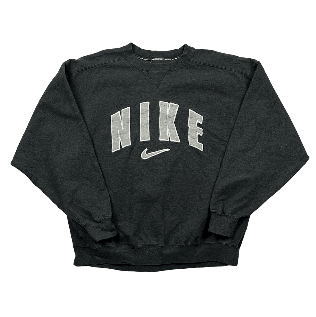 Vintage 90s Grey Nike Spell-Out + Centre Logo Sweatshirt - Large - The Streetwear Studio