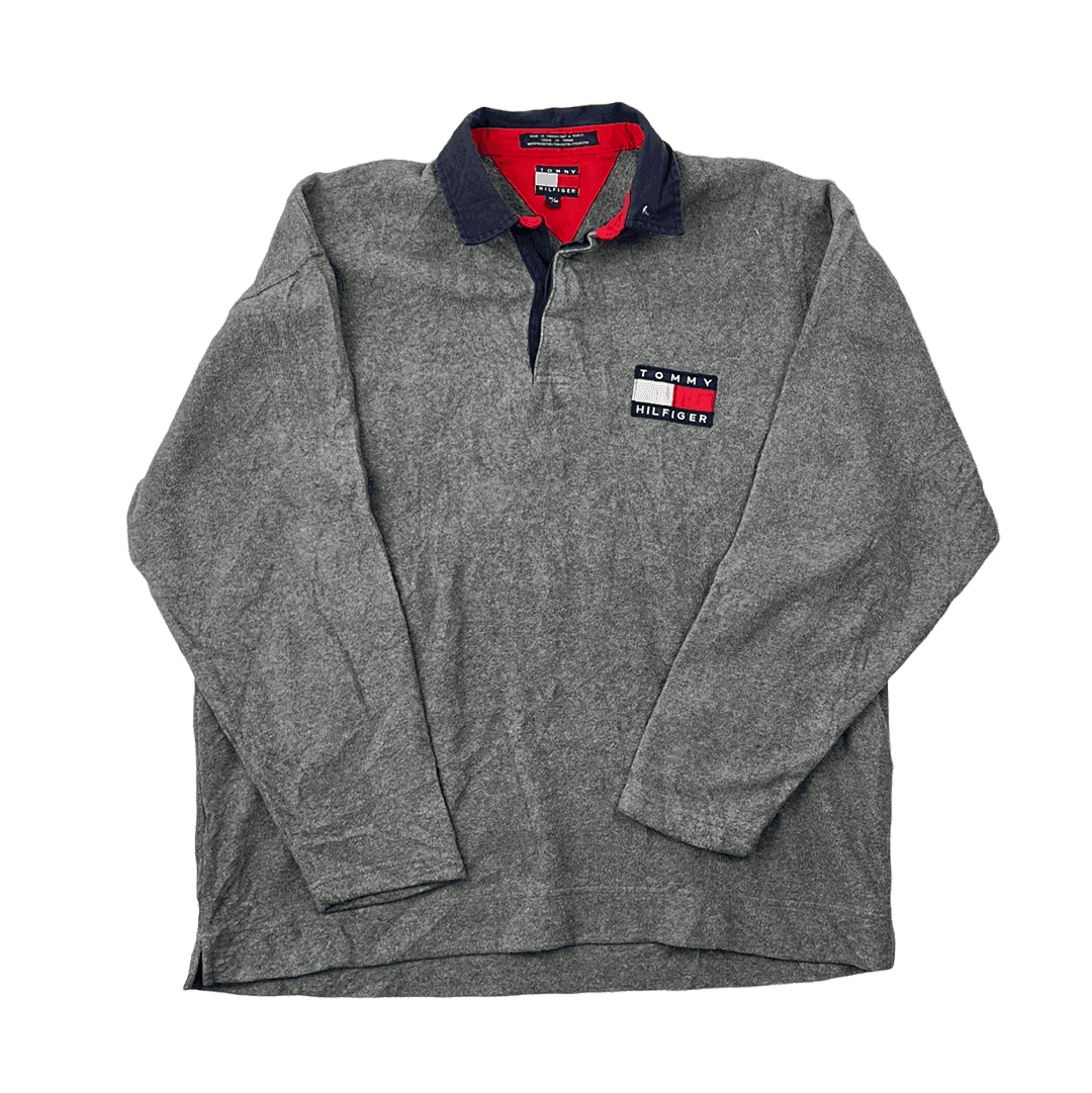Vintage 90s Grey Tommy Hilfiger Fleece Polo Shirt/ Sweatshirt - Medium (Recommended Size - Large) - The Streetwear Studio