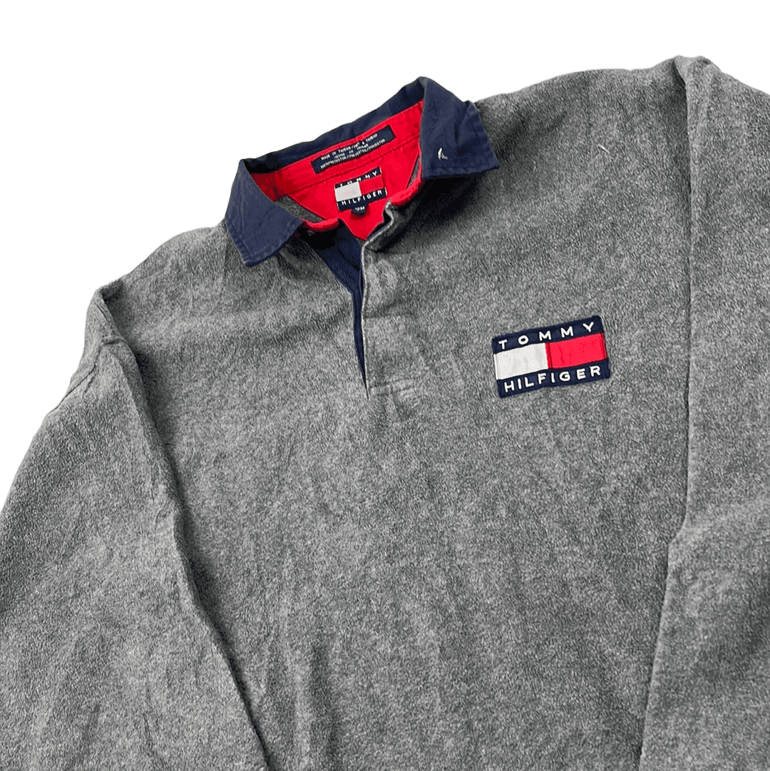 Vintage 90s Grey Tommy Hilfiger Fleece Polo Shirt/ Sweatshirt - Medium (Recommended Size - Large) - The Streetwear Studio