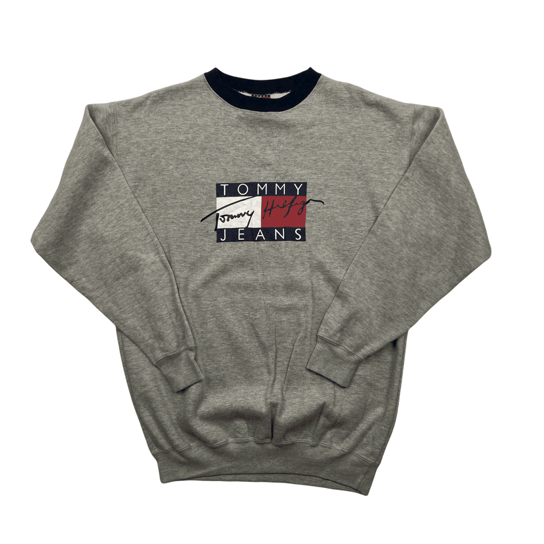 Vintage 90s Grey Tommy Hilfiger Jeans Spell-Out Sweatshirt - Large - The Streetwear Studio