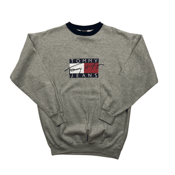 Vintage 90s Grey Tommy Hilfiger Jeans Spell-Out Sweatshirt - Large - The Streetwear Studio