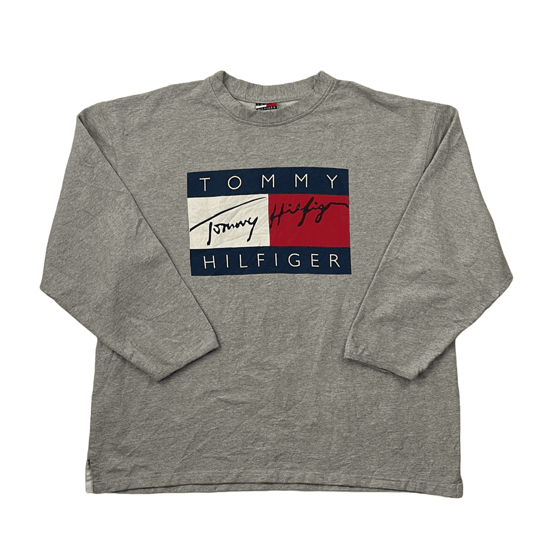 Vintage 90s Grey Tommy Hilfiger Spell-Out Sweatshirt - Extra Large - The Streetwear Studio