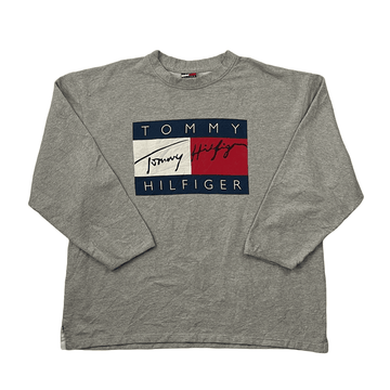 Vintage 90s Grey Tommy Hilfiger Spell-Out Sweatshirt - Extra Large - The Streetwear Studio