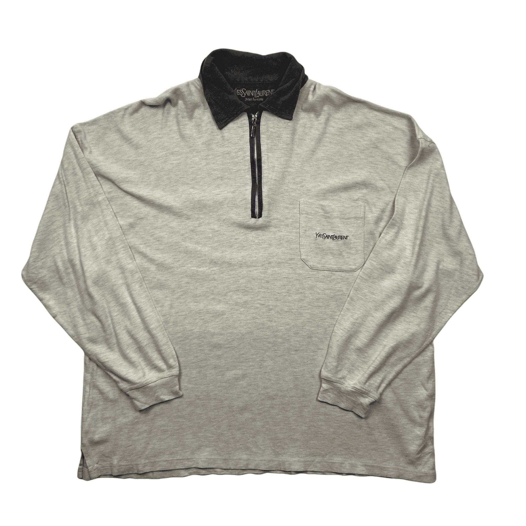 Vintage 90s Grey Yves Saint Laurent Spell-Out Quarter Zip Sweatshirt - XXL - The Streetwear Studio