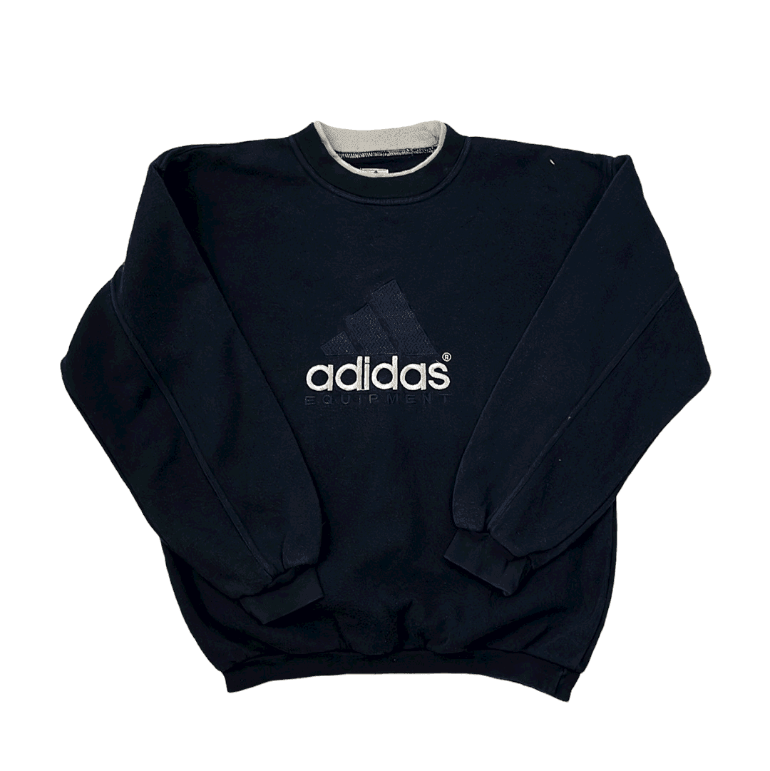 Vintage 90s Navy Blue Adidas Equipment Spell-Out Sweatshirt - Medium - The Streetwear Studio